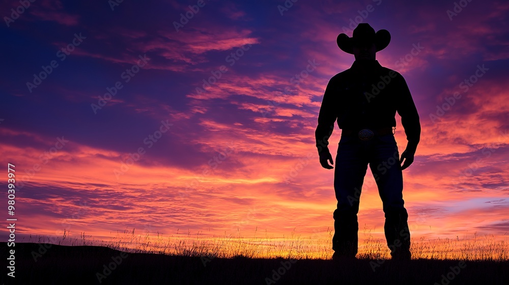 Poster Silhouette of cowboy with dawn sky 