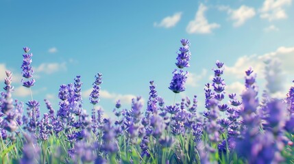 A field of lavender flowers under a clear blue sky.