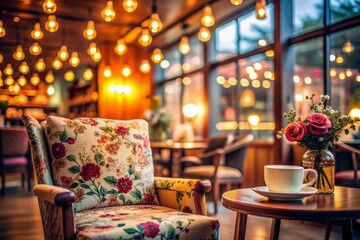 Cozy atmosphere of a coffee shop with warm bokeh lights, soft floral patterns, and a vacant chair, evoking feelings of comfort and relaxation.