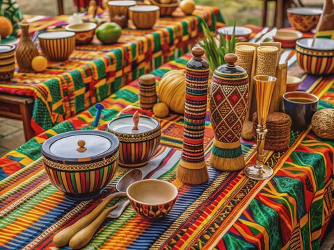 Vibrant African textiles, kente cloth, and Ankara prints adorn a colorful table setting with traditional instruments and symbolic artifacts celebrating diversity and cultural pride.