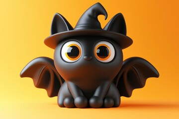 Obraz premium Cute Cartoon Black Bat Wearing Witch Hat