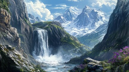 A waterfall flows from the heights of towering mountains, creating a stunning display of power and beauty
