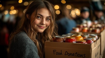 : Smiling Woman Donating Canned Food in Festive Holiday Setting, Contributing to Food Drive with Charitable Spirit