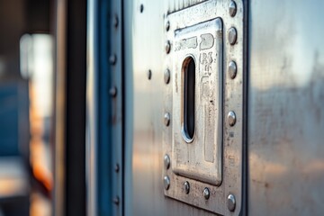 Close-up of a Metal Door with a Rectangular Hole and Rivets