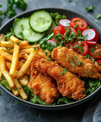 Fototapeta premium a plate of crispy, golden chicken tenders and seasoned fries. AI generative.
