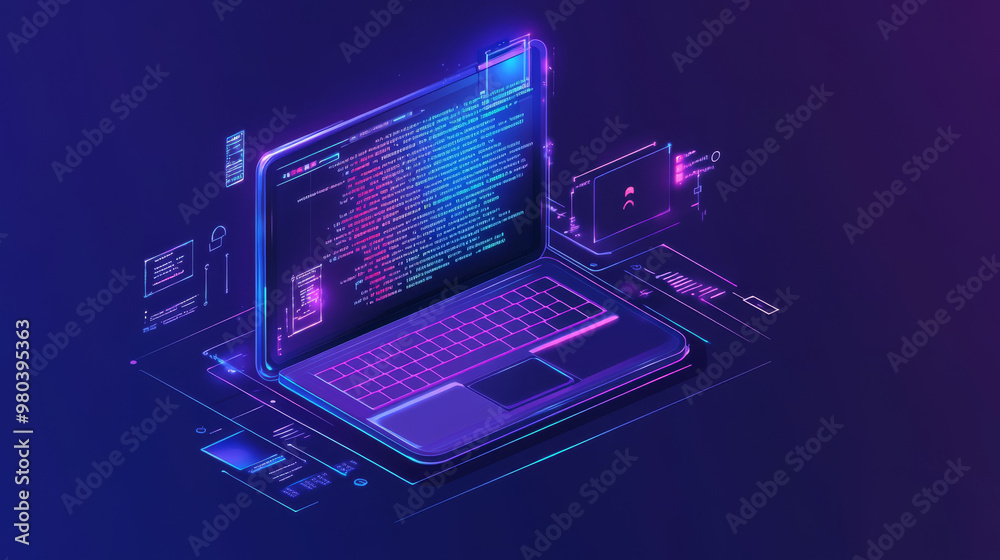 Poster laptop displaying code on the screen, surrounded by icons representing programming apps and software
