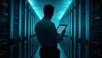 Professional man holding tablet, standing in front of rows of server cabinets with blue lights