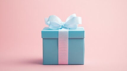 Obraz premium A blue gift box with a white ribbon, placed on a pastel-colored background for a baby shower
