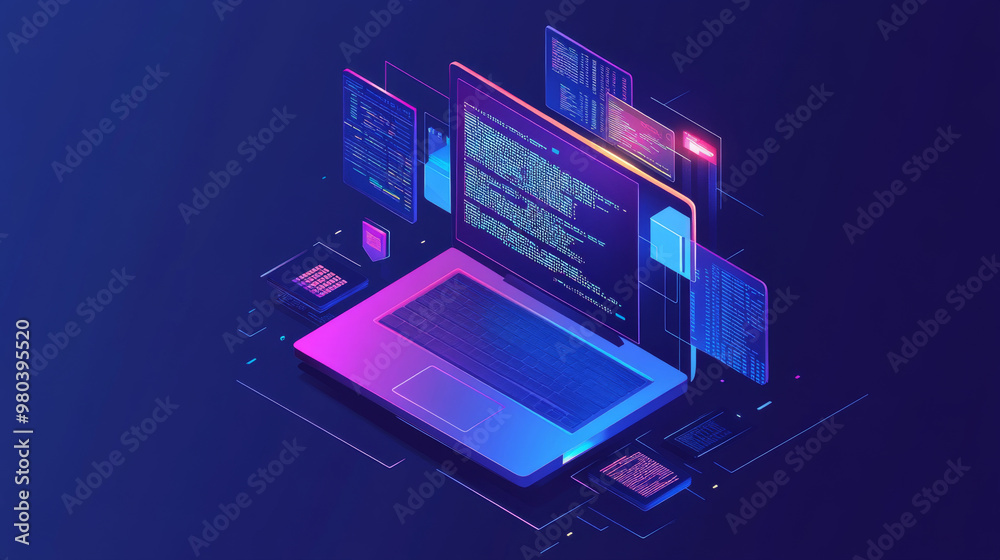 Poster laptop displaying code on the screen, surrounded by icons representing programming apps and software
