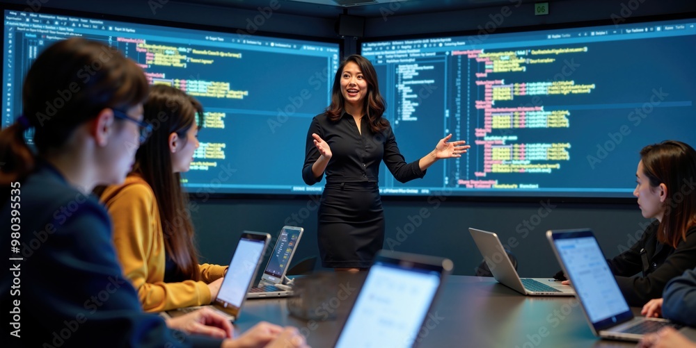 Wall mural asian female instructor leading programming class with diverse group of students using laptops