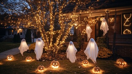 An illuminated tree and several glowing ghosts are arranged in a residential front yard. The yard is also decorated with carved pumpkins and other festive lights.