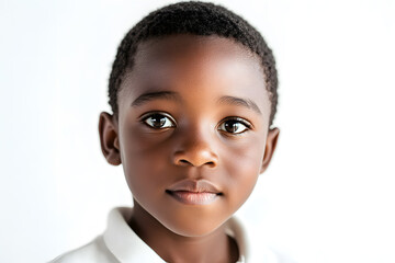 A close-up portrait of an African small boy with black skin against a white background