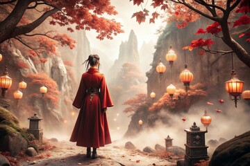 Fototapeta premium A Japanese girl in a traditional national costume - a kimono. On a fabulous background of lanterns and autumn trees. The portrait symbolizes the traditions and culture of the people of Japan.