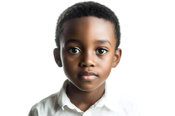 A close-up portrait of an African small boy with black skin against a white background