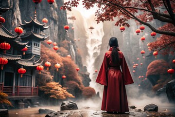 Fototapeta premium A Japanese girl in a traditional national costume - a kimono. On a fabulous background of lanterns and autumn trees. The portrait symbolizes the traditions and culture of the people of Japan.