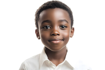 A close-up portrait of an African small boy with black skin against a white background