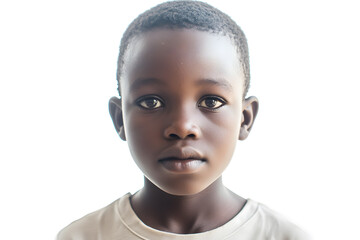 A close-up portrait of an African small boy with black skin against a white background