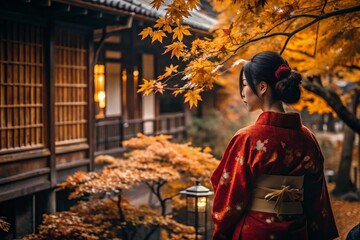 Obraz premium A Japanese girl in a traditional national costume - a kimono. On a fabulous background of lanterns and autumn trees. The portrait symbolizes the traditions and culture of the people of Japan.