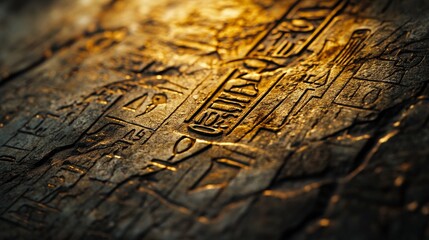Intricate hieroglyphics are etched into a weathered stone slab, revealing the ancient Egyptian language and artistry. The weathering adds depth to these historical symbols