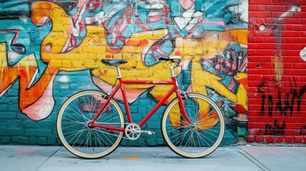 Fototapeta premium A bright red bicycle parked against a colorful graffiti wall in an urban cityscape