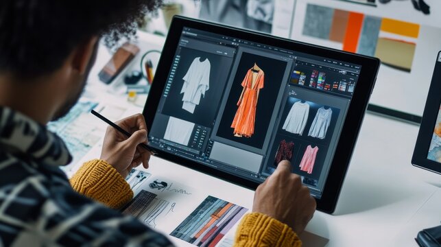 A fashion designer is engaged in sketching new clothing designs with a stylus on a digital tablet, surrounded by fabrics and color swatches in a dynamic creative studio