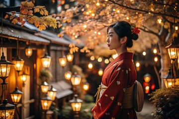 Obraz premium A Japanese girl in a traditional national costume - a kimono. On a fabulous background of lanterns and autumn trees. The portrait symbolizes the traditions and culture of the people of Japan.