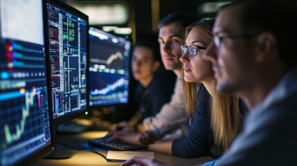 A group of analysts engages in a focused discussion as they analyze complex data displayed on multiple monitors while working late into the night