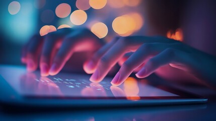 Hands are seen typing on a tablet's keyboard, illuminated by a soft glow in a low-light environment, creating a tranquil and focused atmosphere