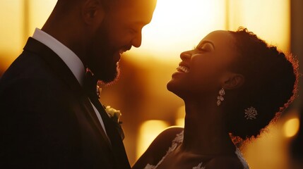 A joyful bride and groom embrace each other while dancing, their laughter echoing in the warm, golden light of sunset