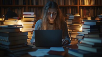 A young woman sits at a cluttered desk typing on her laptop, surrounded by stacks of books and soft lighting that creates a warm atmosphere in the library