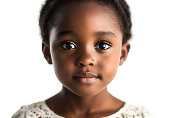 A close-up portrait of a pretty young African girl with dark skin, isolated on white background