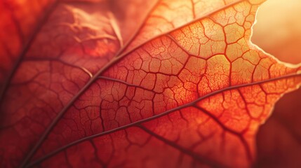 Obraz premium A close-up of a red maple leaf in autumn, with fine details of its texture illuminated by sunlight.