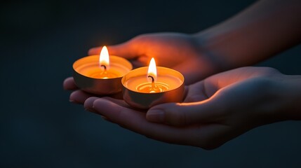 In the quiet of evening, two hands gently cradle small candles, their flames flickering gracefully. The warm glow contrasts with the fading light around, creating a serene atmosphere