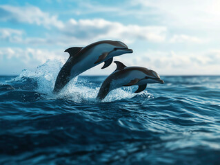 Fototapeta premium Dolphins jumping through waves, ocean horizon in the background, 3D illustration