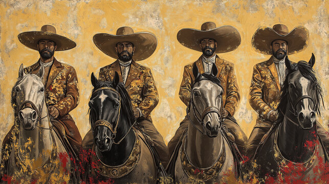 Charros and Horses: A cultural pattern depicting charros (Mexican horse riders) dressed in traditional charro suits and wide-brimmed hats, alongside horses, repeating in a graceful