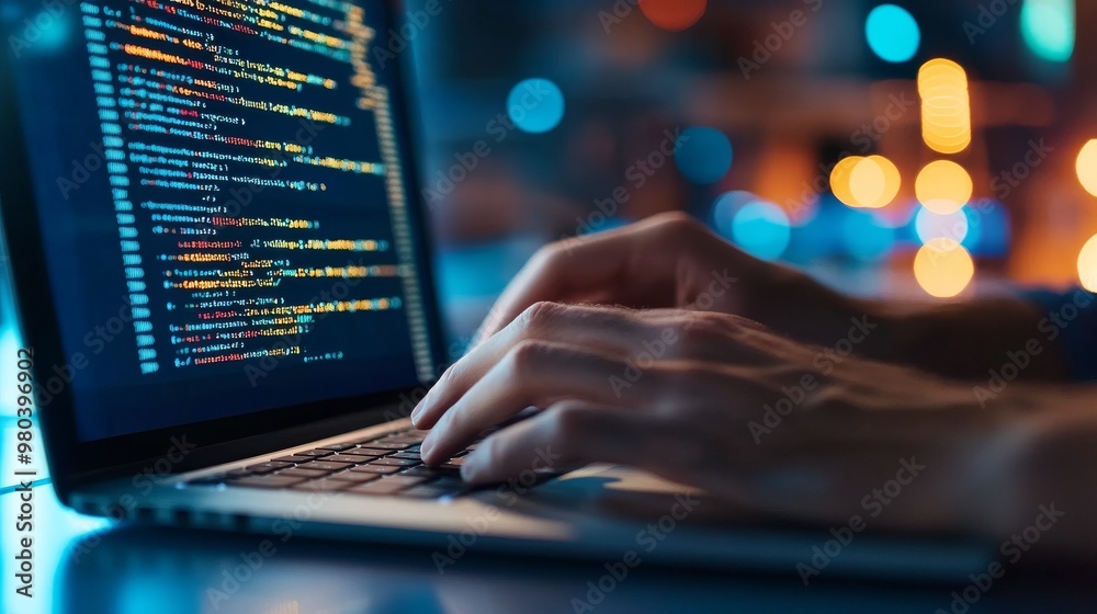Poster a software developer types swiftly on a laptop, fingers dancing over keys while colorful lines of co