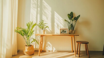  simple, eco-friendly home interior, featuring natural wood furniture, house plants, and sustainable decor