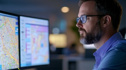 A transport planner focuses on route analysis in a sleek and modern office. Multiple monitors display detailed maps and traffic data as he works diligently