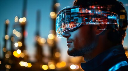 An engineer concentrates on a virtual interface displayed through augmented reality glasses amidst an industrial backdrop during twilight hours