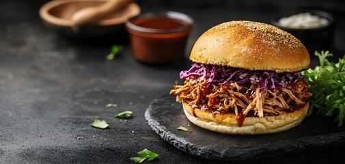 Indulge in a mouthwatering pulled pork sandwich topped generously with crunchy coleslaw and sauce. Juicy Food Concept