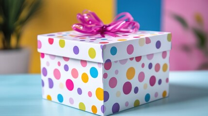 A colorful gift box with playful polka dots, perfect for a birthday celebration.