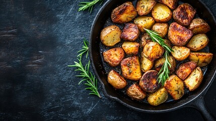 Golden-brown roasted potatoes are arranged in a cast iron skillet, garnished with fresh rosemary, highlighting their crispy texture and inviting aroma