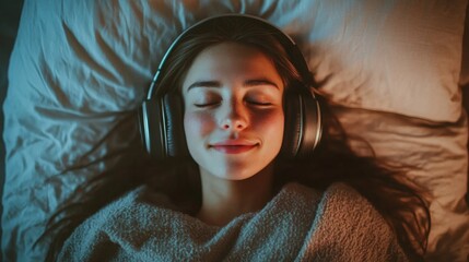 A woman lies comfortably in bed, wearing large headphones and appearing relaxed with closed eyes, enjoying the soothing sounds that surround her
