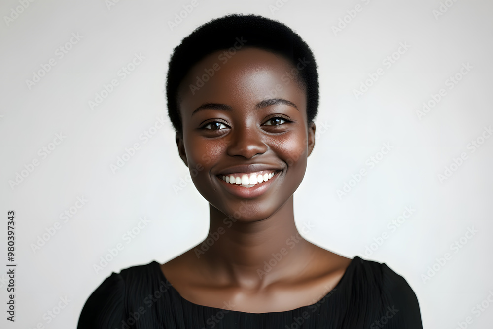 Sticker Portrait of a smiling, beautiful African woman with glowing dark skin, set against a white background