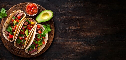 Savor the Flavors: Delicious Steak Tacos with Fresh Salsa and Creamy Avocado for a Perfect Meal. Juicy Food Concept