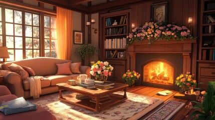 A cozy living room with a fireplace, a plush sofa, and a coffee table decorated with books and flowers.