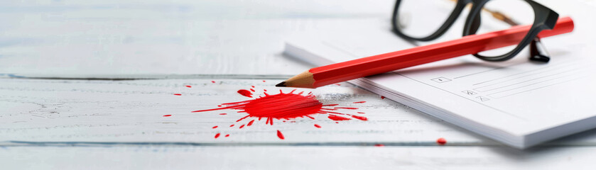 Red Pencil and Glasses on White Table with Red Ink Splotch