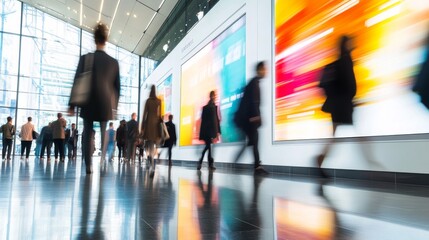 In a modern office lobby, a digital display features dynamic advertisements while passersby walk. The lively atmosphere enhances the contemporary design