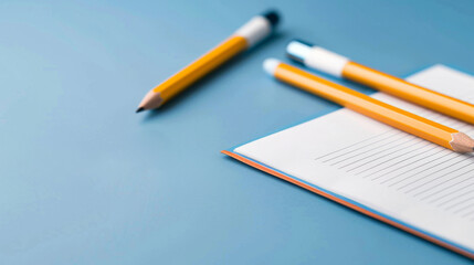 Yellow Pencils on Notebook with Blue Background