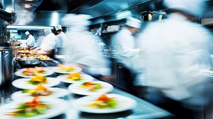 Obraz premium Chefs move swiftly around counters in a bustling kitchen, skillfully preparing dishes and coordinating efforts as orders come in during a busy dinner service